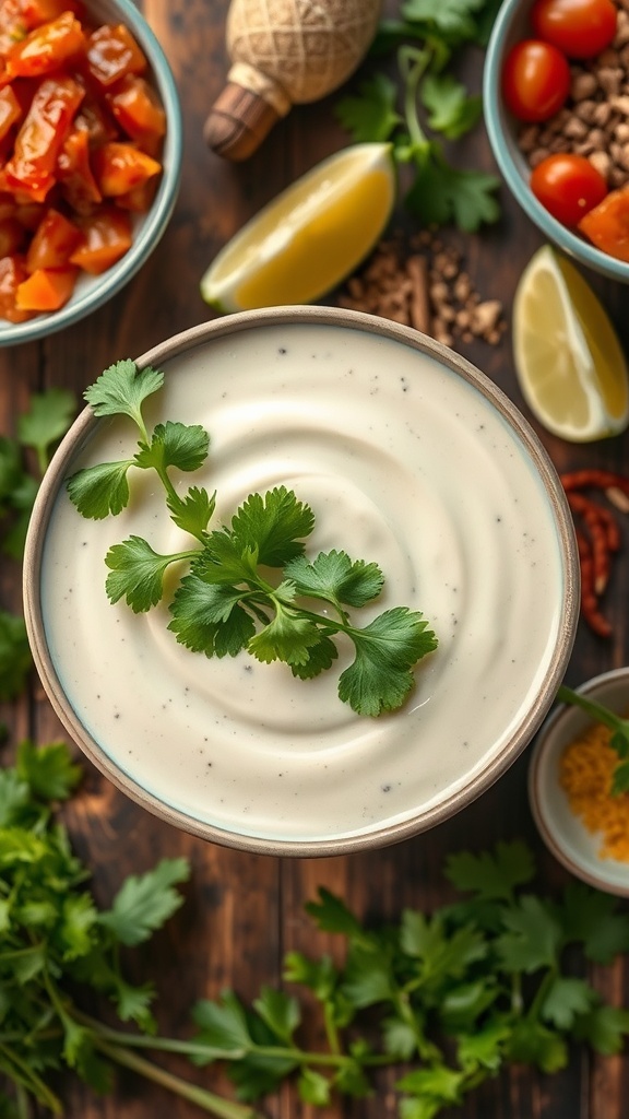 Quesadilla Explosion Salad Dressing Recipe Creamy quesadilla explosion salad dressing in a bowl, garnished with cilantro, surrounded by lime wedges and spices.